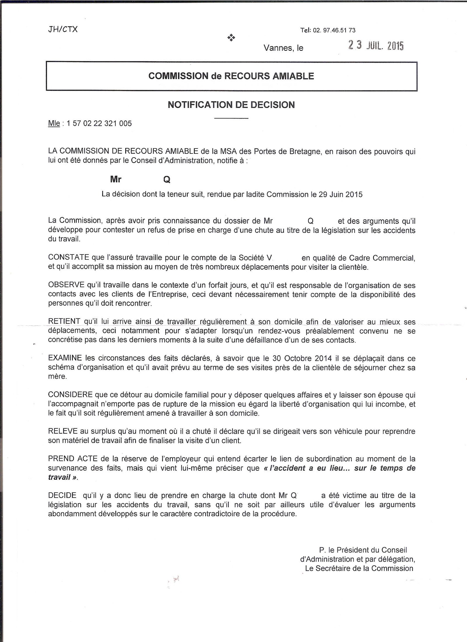 DECISION RECOURS AMIABLE 23 07 15 001 - Avocat en droit du travail à Rennes